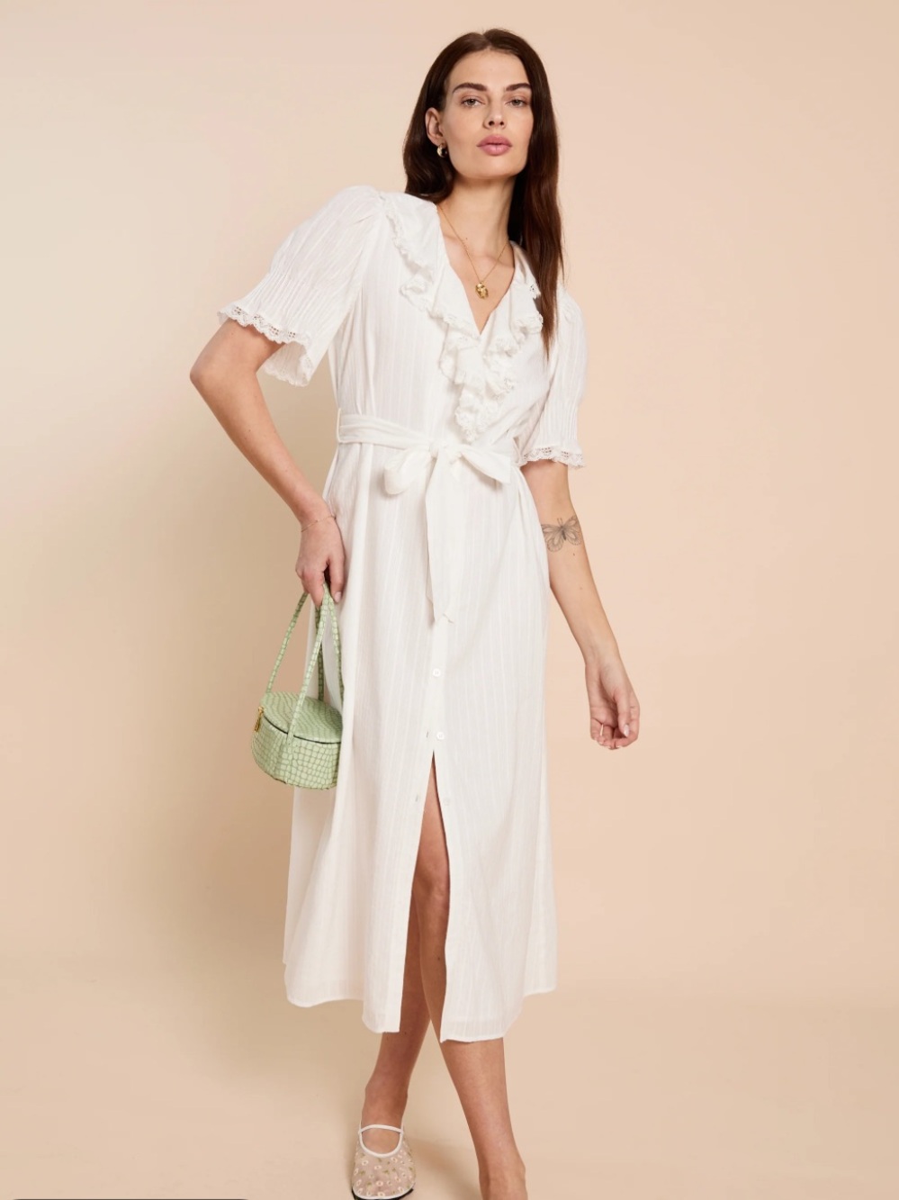 White Ruffle-Trim Button-Front Midi Dress